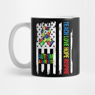 Teach Hope Love Inspire Autism Awareness Ribbon Mom Dad American Flag Autism Mug